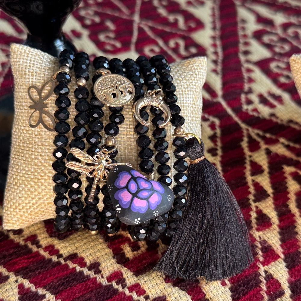 Handmade Black Beaded Semanario Bracelet Set 7 Day Mexican Artisan Gold Charm